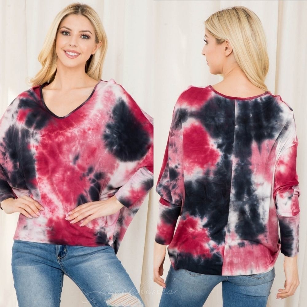 Women's Wine Tie Dye V-Neck Top - Picture 2 of 5